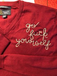 Upcycled & hand embroidered “Go *uck Yourself” men’s better sweater