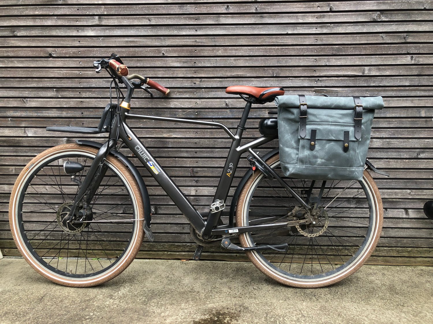 Image of Waterproof grey motorcycle bag in waxed canvas Saddle bag bicycle bag bike accessories