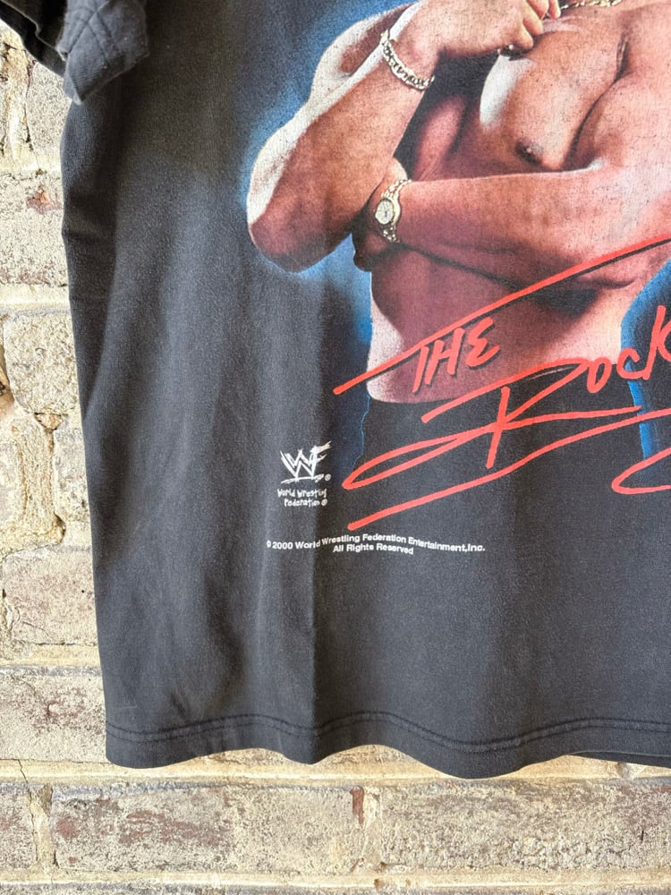Image of RARE YEAR 2000 VINTAGE WWF “THE ROCK - LAYIN’ THE SMACK DOWN” WRAPAROUND WRESTLING TEE