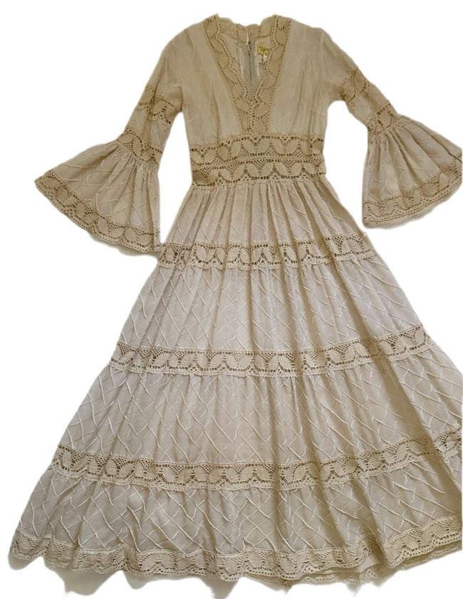 early 1970s Mexican pintucked fan sleeve cotton wedding maxi dress