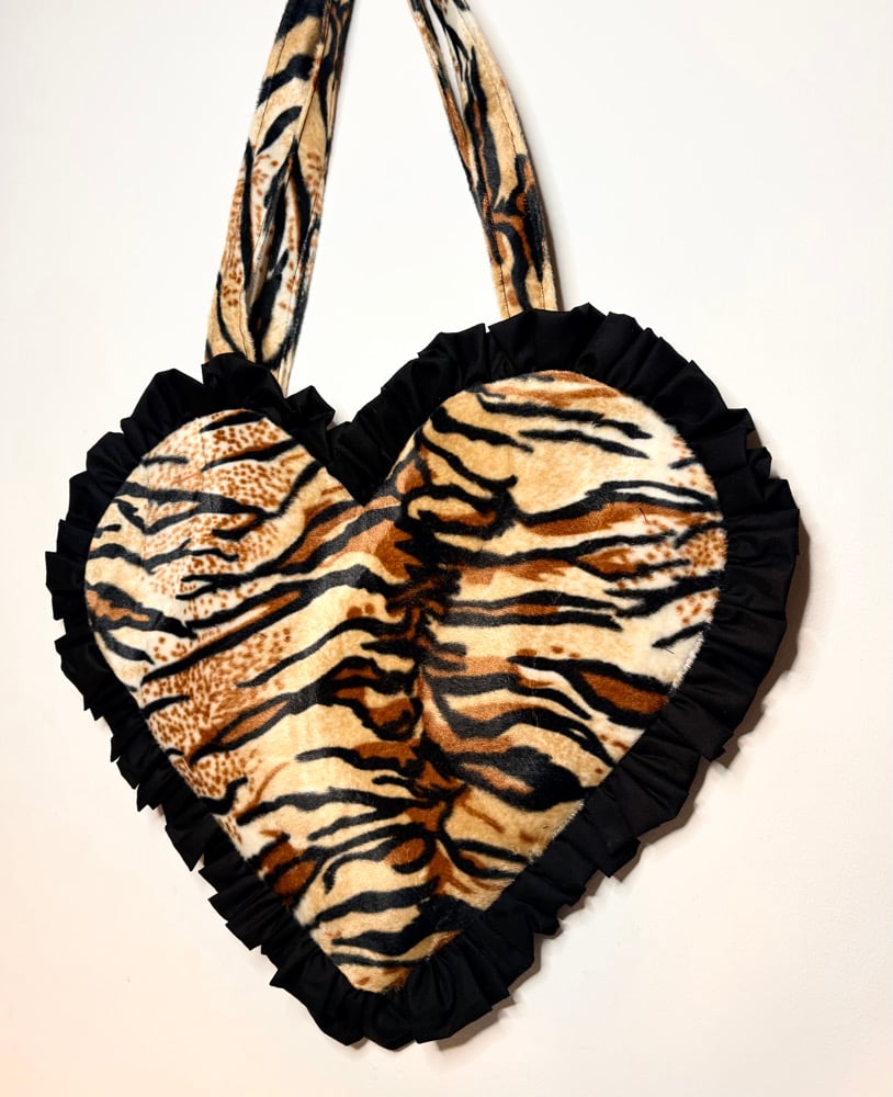 Image of 🐅 Tiger Velvet Heart Bag with Black Ruffle Trim – Y2K Statement Tote