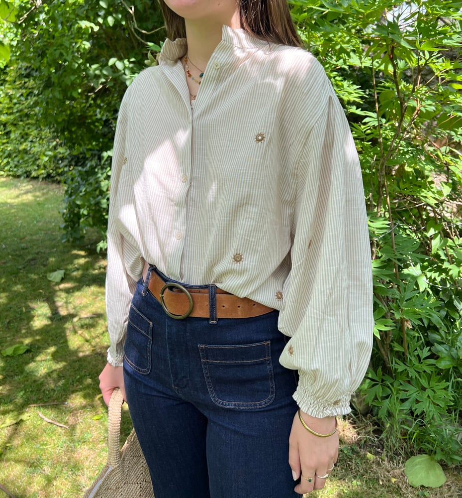 Image of Blouse Bohème rayé Beige & Blanc / Brodé T.U.