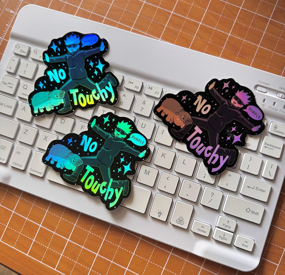 Image of 'No Touchy' Gojo / Moo Deng Holo Sticker