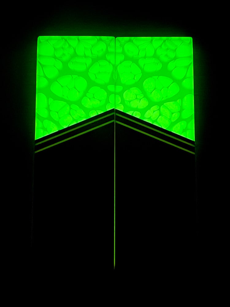 Image of @Kaoticartworks 3-D Resin & Clear Amboyna Burl GLOW Segmented Knife Scales