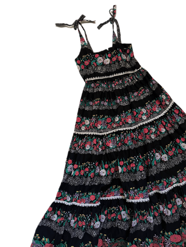 70s Victor Costa cotton black floral sundress