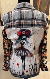 Image 1 of Vintage Funky Sleeve Black/Gray/Orange Flannel Shirt Floral Sleeves A Walk With My Cat