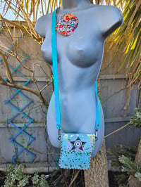 Image 2 of Woodstock cross body / passport bag -Jade turquoise with pink star