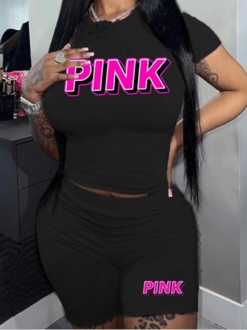 Image of Plus Size Pink Letter Print Shorts Set