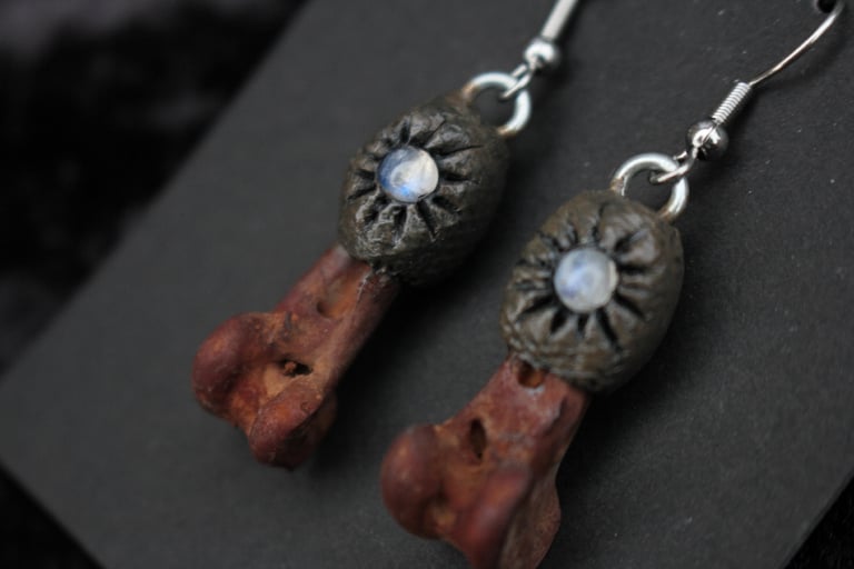 Dead good beetroot stained rabbit bone and moonstone earrings