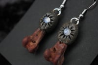Image 1 of Dead good beetroot stained rabbit bone and moonstone earrings
