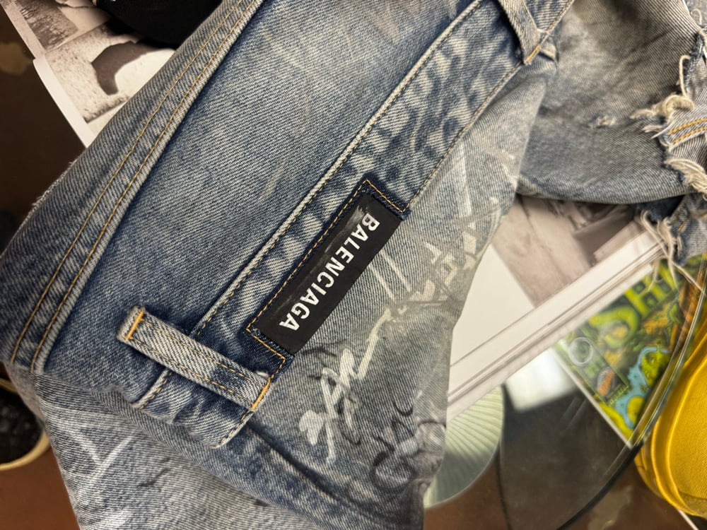 Image of Balenciaga 2023 Graffiti Denim Shorts
