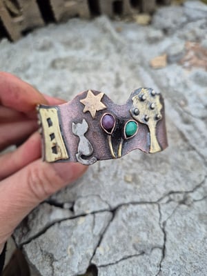 Copper bracelet with trees, houses, cat and star