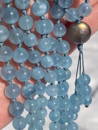 Image 2 of Aquamarine Mala with Labradorite Guru Bead, Aquamarine 108 Bead Japa Mala Hand Knotted Gemstone Mala
