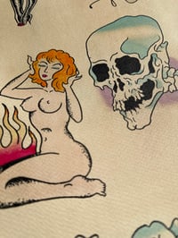 Image 2 of Hand Painted Ed Hardy Inspired American Traditional Tattoo Flash Sheet, Six Pieces in a Black Frame