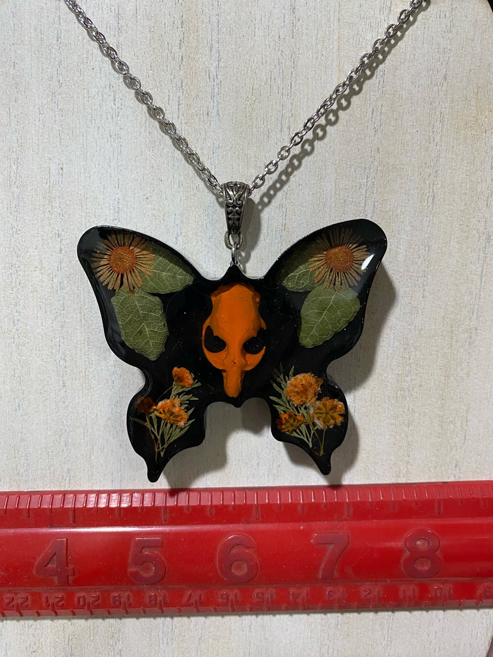 Orange Floral Butterfly Skull Pendant 