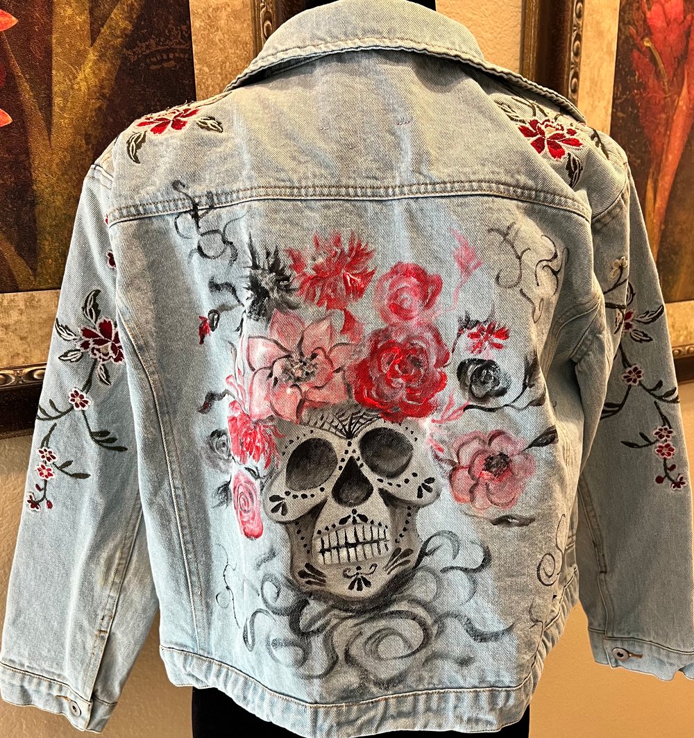 Vintage Blue Jean Jacket Hand Painted Day of the Dead - Medium