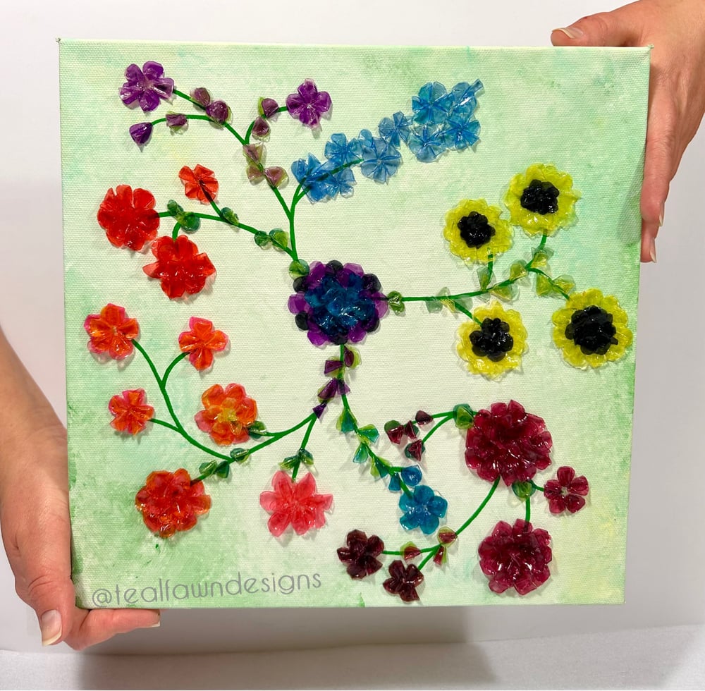 Image of Floral burst - Fish scale art on canvas 12 x 12 in