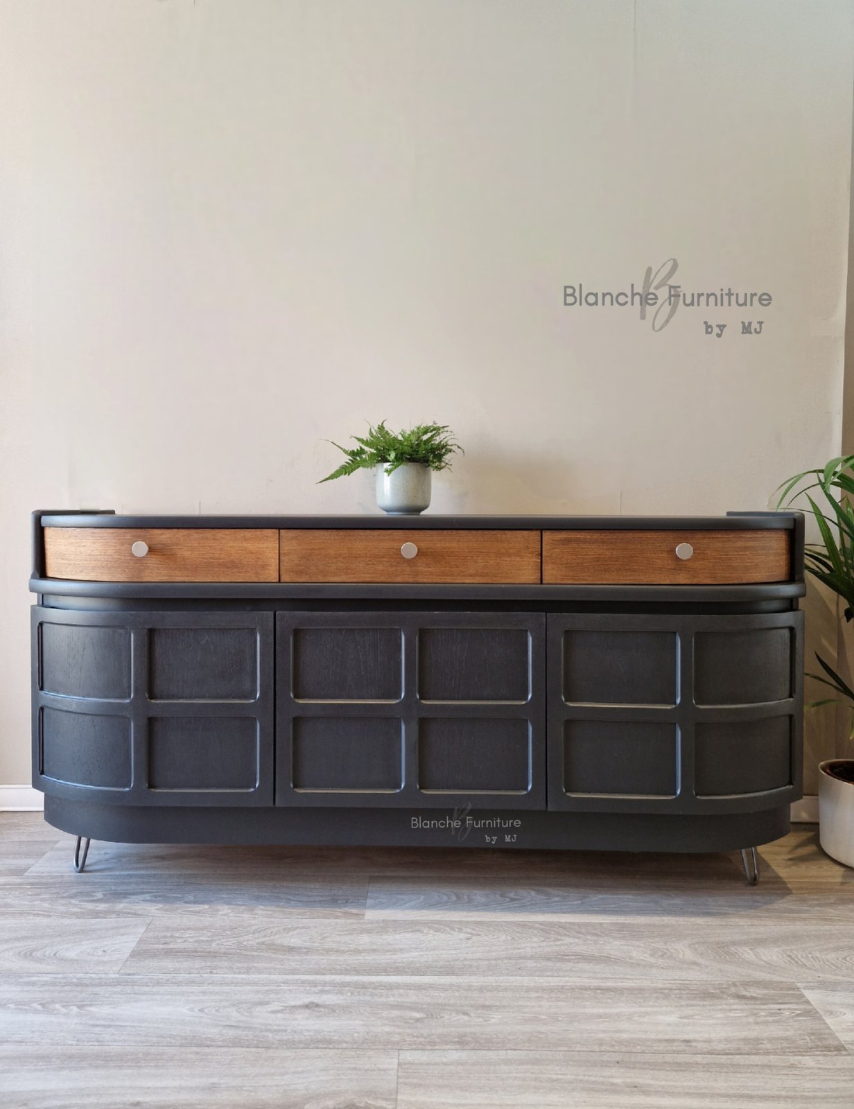 Grey and 2024 walnut sideboard