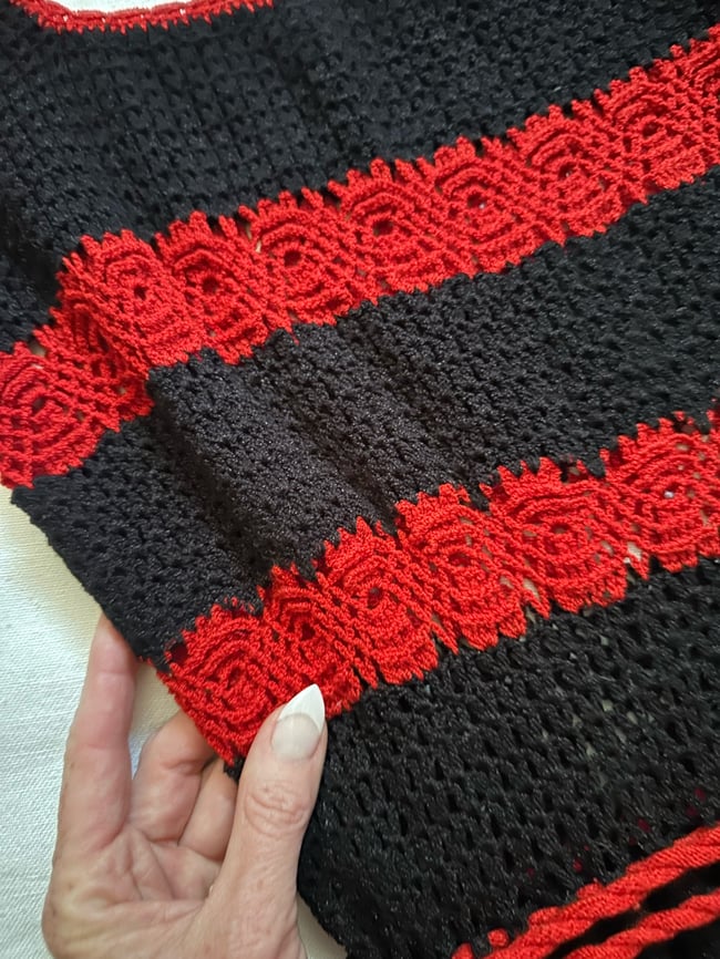 70s black and red crochet dress