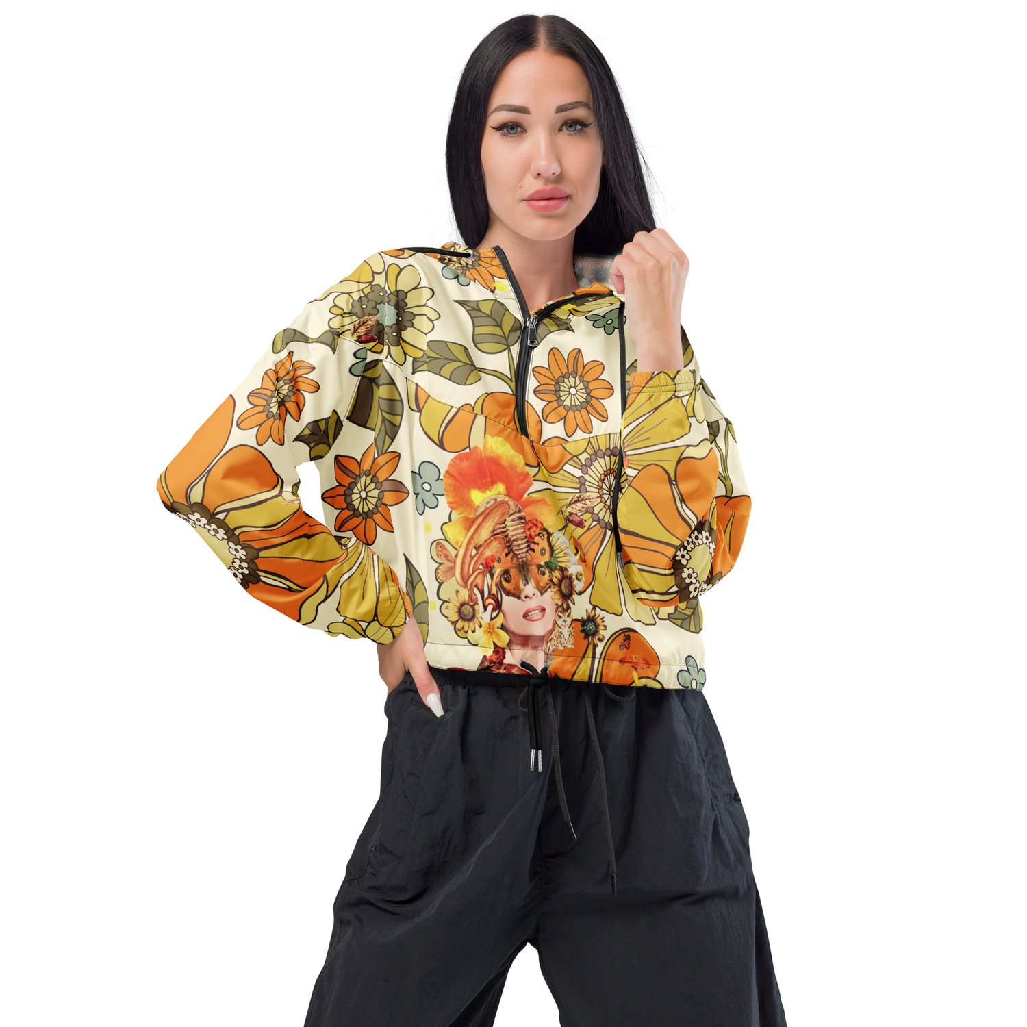 Image of She Oozes Success Vintage Botanic - Women’s Cropped Windbreaker w/Black Cord and Zipper 