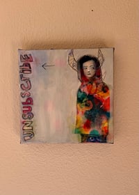 Image 5 of Original painting “Unsubscribe” 8” x 8” Oil Acrylic Graphite on Canvas