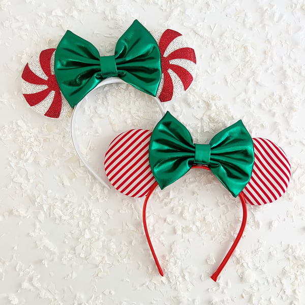 Image of Red Peppermint Mouse Ears with Green Bow