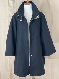 Image 3 of ZARA rare black leather buckle neck front zipper pea coat jacket