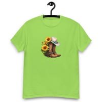Image 6 of Unisex classic tee, Turquoise Sunflower Cowgirl Boots Tee