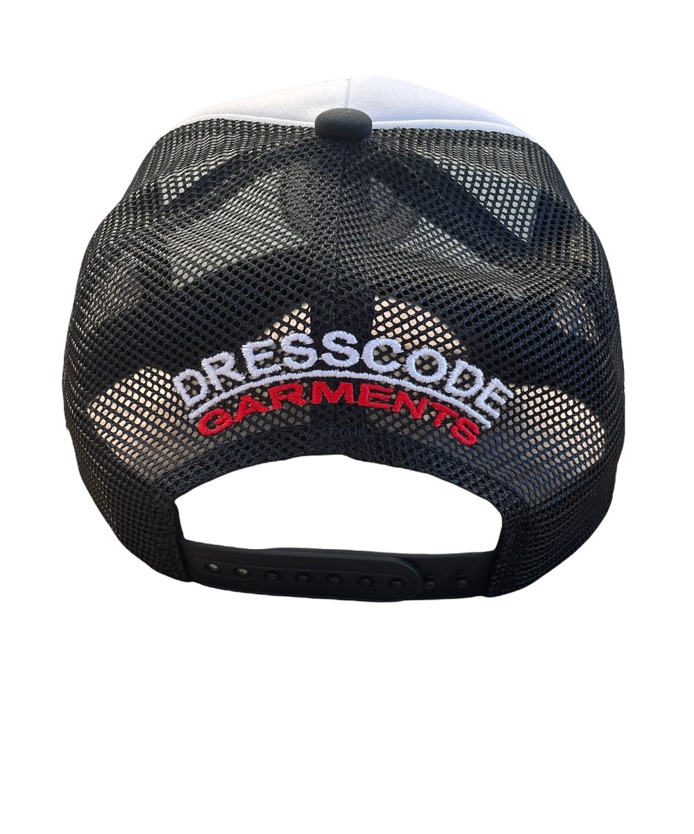 Image of PEACE LOVE and BALANCE black on black trucker 