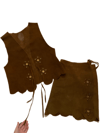 late 60s leather wrap skirt and vest set with flower details 