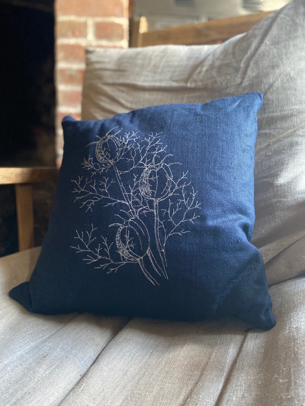 Image of Blue linen embroidered cushion