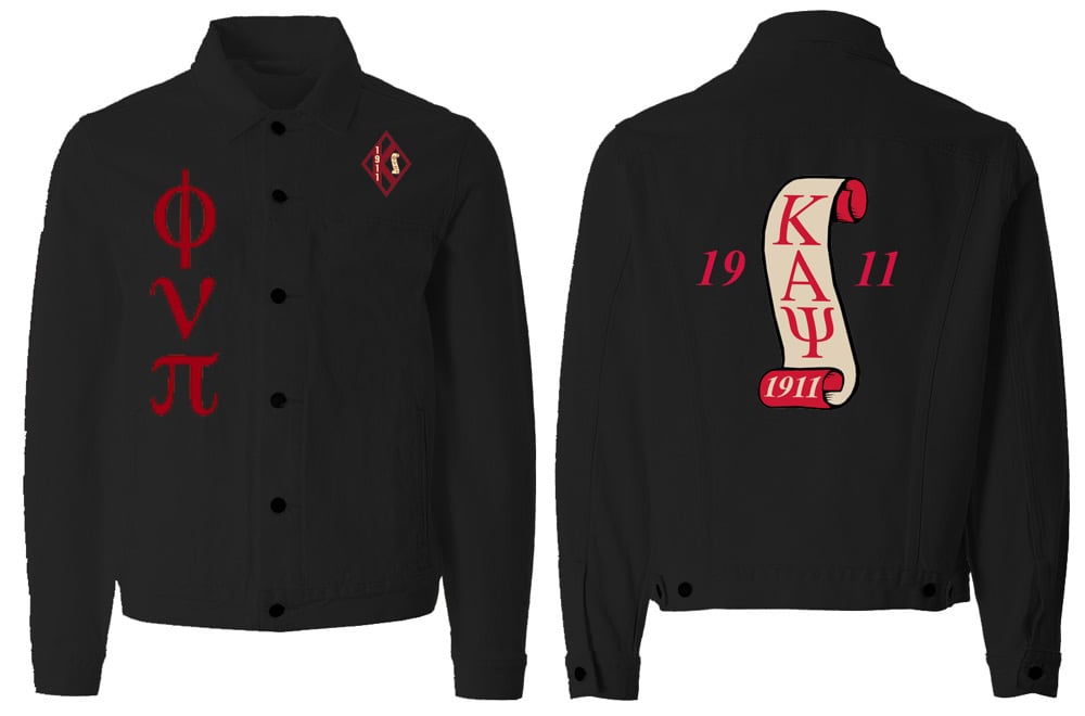 Image of Black Jean Jacket PHI NU PI Letters front SHIELD Back
