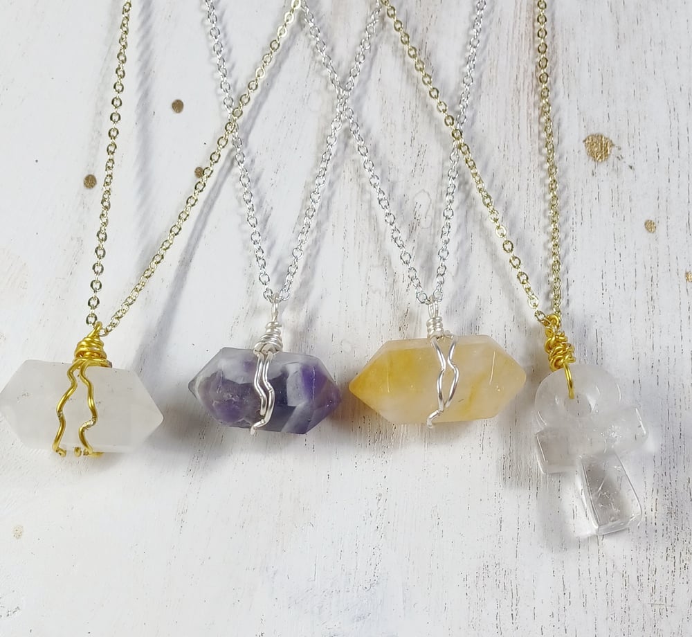 Image of Ankh, Double point and heart crystal necklace