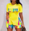 Letter Print Split Hem Top & Shorts 