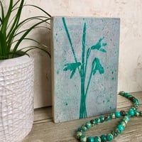 Image 1 of Botanical Monotype ~ Snowdrops, Turquoise, Cyan ~ 4x6 Inch Birch Panel 