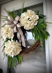 Image 3 of Cream Hydrangea Grapevine Wreath with Greenery and Gingham Bow