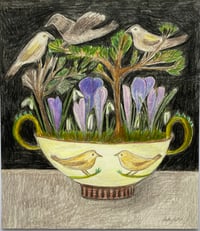 Crocus dish with birds and snowdrops 