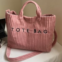 Image 4 of Women's Fashion Solid Color Corduroy Large Capacity Tote Bag, Letter Pattern with Contrast Design Ad