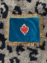 Image 7 of Sacred heart patch teal velvet rectangle cushion 