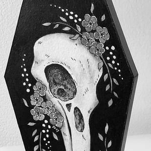Raven Skull Flowers Original Ink And Watercolor On Panel