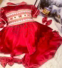 Image 4 of Girls red satin handsmocked pyjamas 