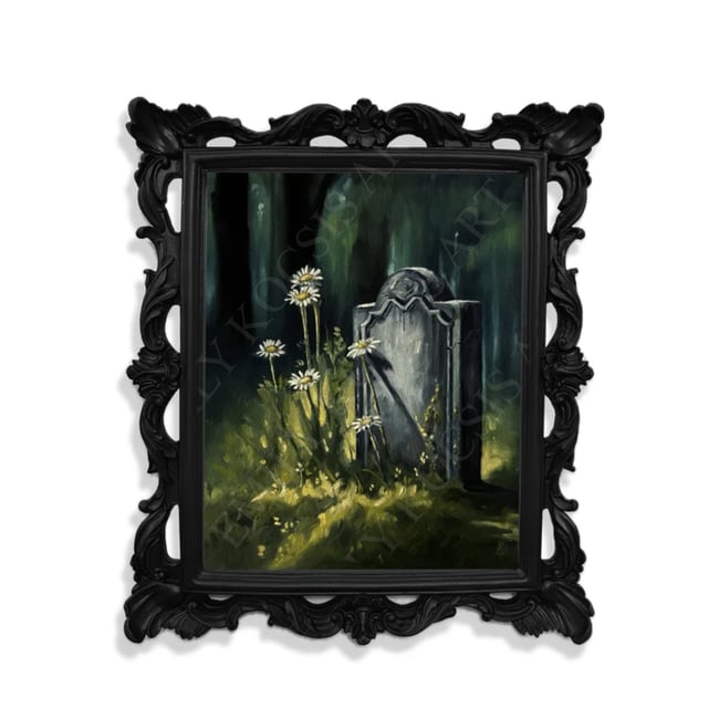 Original Painting Print // ‘Lazy Bones’ Cemetery Headstone & Daisies in Oil