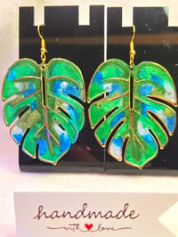 Image 2 of Handcrafted Resin Large Monstera Leaf Earrings 