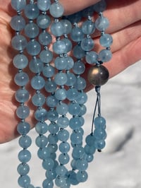 Image 4 of Aquamarine Mala with Labradorite Guru Bead, Aquamarine 108 Bead Japa Mala Hand Knotted Gemstone Mala