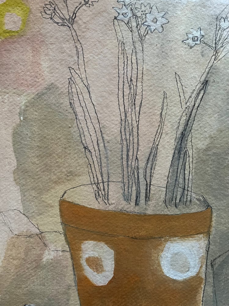 Image of Paperwhites in an old pot. 