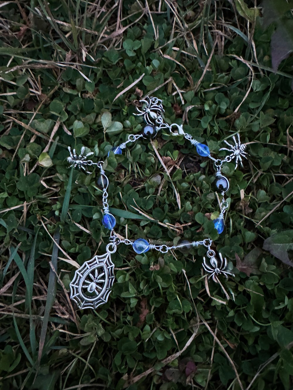 Image of Spider Charm Bracelet w/ Hematite, Smoky Quartz, & Glass Beads