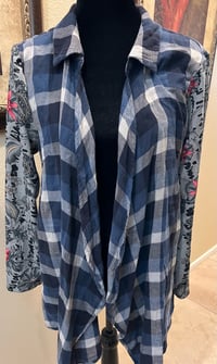 Image 2 of Vintage Funky Blue Flannel Shirt Floral Sleeves Crystal Cross