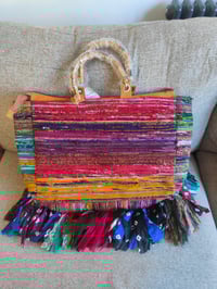 Image 6 of Frill sari tote beach bag bamboo Handles no two the same