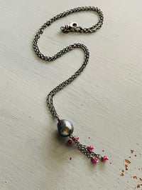 Image 3 of Peacock pearl and ruby tassel necklace