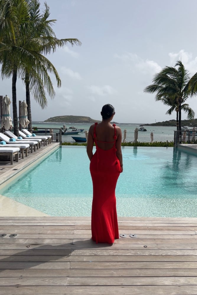 Image of RED FLORAL SLINKY MAXI DRESS WITH 3D FLOWER DRAPE (M)